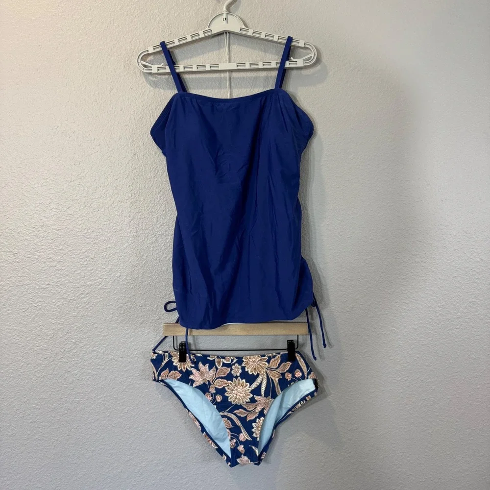 NWT Cupshe Women's Size XL Blue Ruched Tankini Floral Bikini Set DKA12D4E001UU